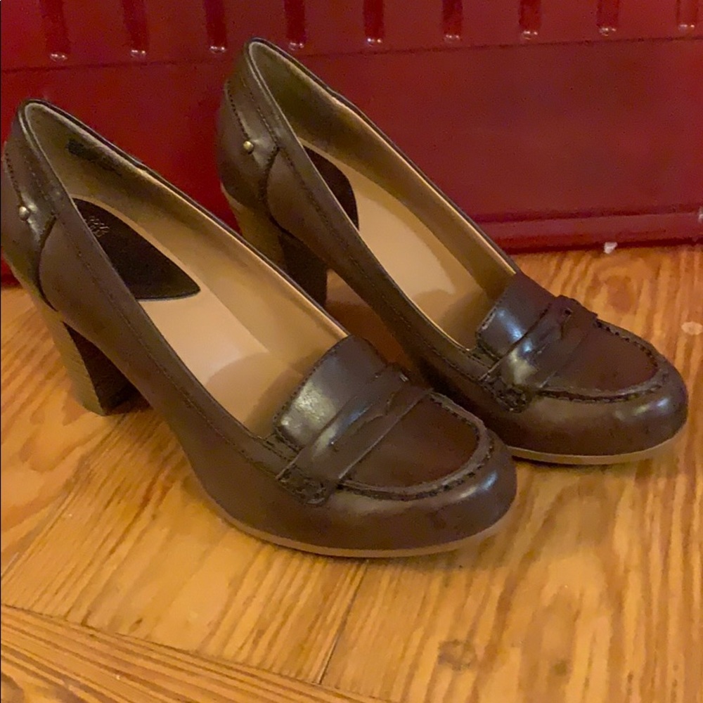 Brown loafers block heels